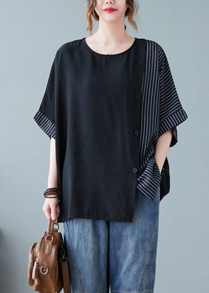 Novelty Black and White Grid O-neck Striped Patchwork Button Cotton T Shirts Half Sleeve