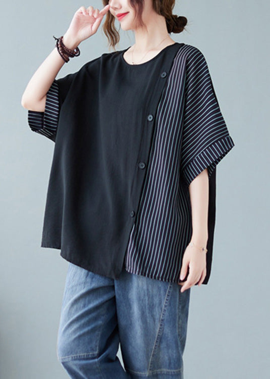 Novelty Cashew Pattern O-neck Striped Patchwork Button Cotton T Shirts Half Sleeve