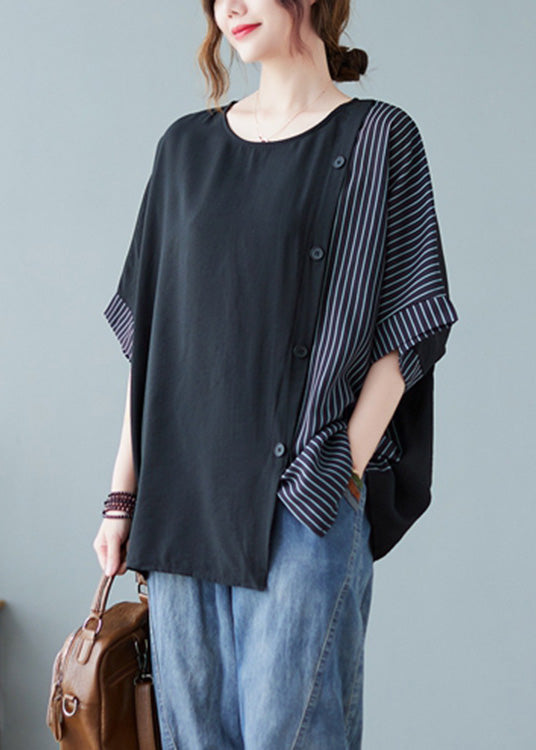 Novelty Cashew Pattern O-neck Striped Patchwork Button Cotton T Shirts Half Sleeve