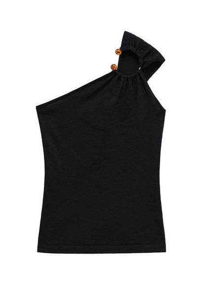 Novelty Black One Shoulder Asymmetrical Patchwork Vests Sleeveless