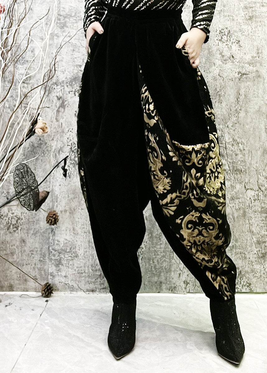 Novelty Black Patchwork Gold Asymmetrical Thick Print High Waist Beam Pants Winter