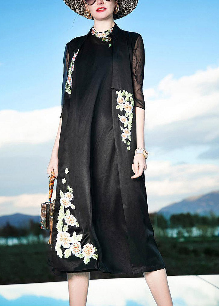 Novelty Black Stand Collar Embroideried Button Silk Maxi Dress Summer