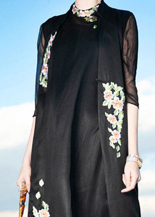 Novelty Black Stand Collar Embroideried Button Silk Maxi Dress Summer