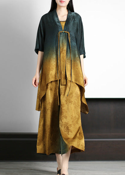 Novelty Blackish Green V Neck Print Silk Top and Wide Leg Pants Two Pieces Set Half Sleeve
