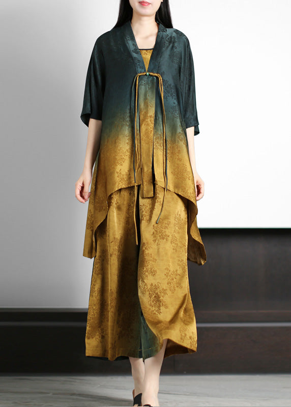 Novelty Blackish Green V Neck Print Silk Top and Wide Leg Pants Two Pieces Set Half Sleeve