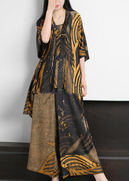 Novelty Blackish Green V Neck Print Silk Top and Wide Leg Pants Two Pieces Set Half Sleeve
