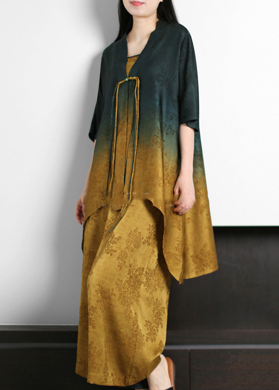 Novelty Blackish Green V Neck Print Silk Top and Wide Leg Pants Two Pieces Set Half Sleeve