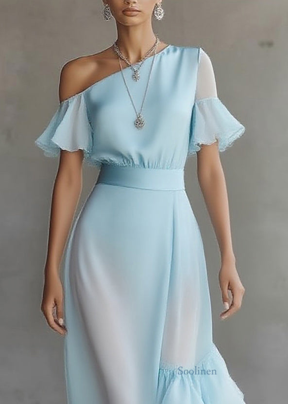 Novelty Blue Asymmetrical Patchwork Chiffon Maxi Dress Butterfly Sleeve