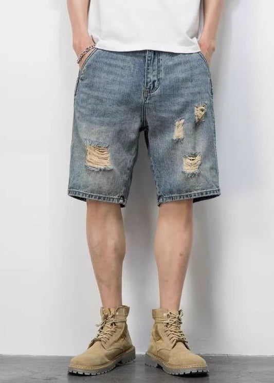 Novelty Blue Hole Pockets High Waist Denim Shorts Summer