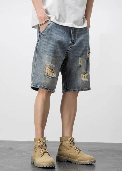 Novelty Blue Hole Pockets High Waist Denim Shorts Summer