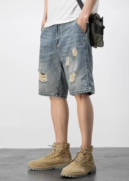 Novelty Blue Hole Pockets High Waist Denim Shorts Summer