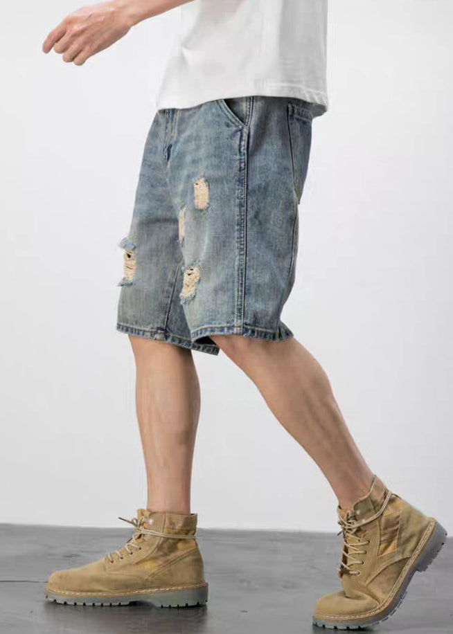 Novelty Blue Hole Pockets High Waist Denim Shorts Summer