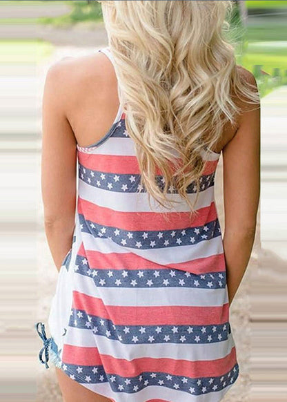 Novelty Blue O-neck Independence Day Print Pocket Cotton Strap Tanks Sleeveless