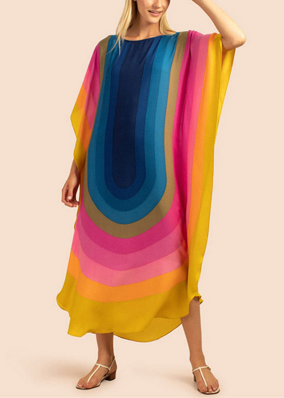 Novelty Blue O-neck Print Cozy Long Beach Dress Summer
