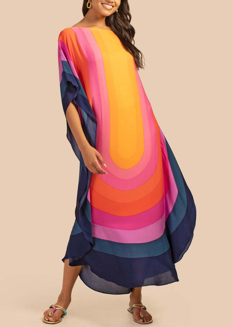 Novelty Blue O-neck Print Cozy Long Beach Dress Summer