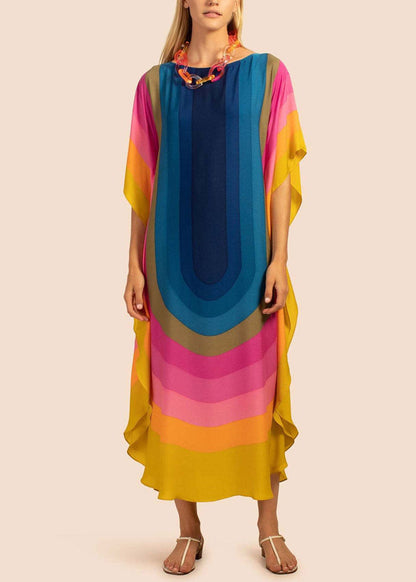 Novelty Blue O-neck Print Cozy Long Beach Dress Summer