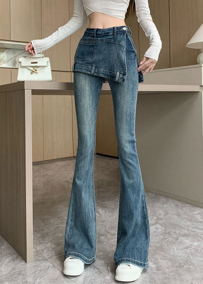 Novelty Blue Patchwork High Waist Fake Two Pieces Denim Flared Pants Spring