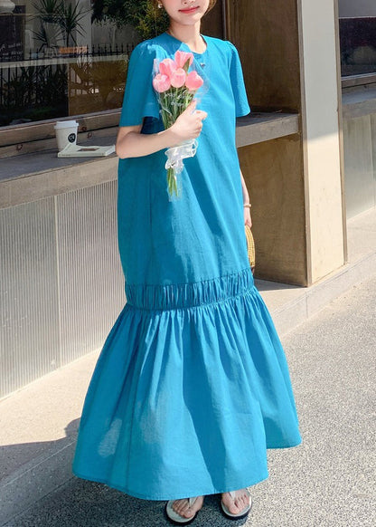 Novelty Blue Ruffled Patchwork Hollow Out Long Dress Summer