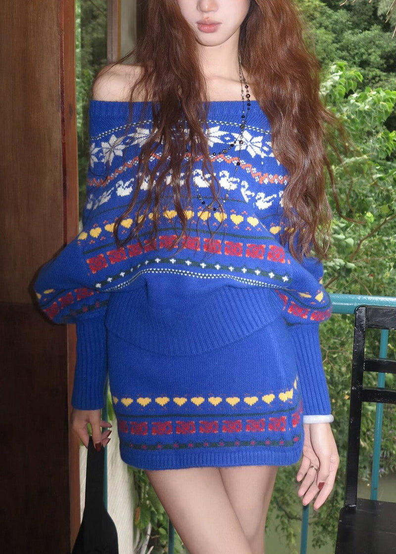 Novelty Blue Slash Neck Print Cotton Knit Sweater and Skirts Two Pieces Set Spring
