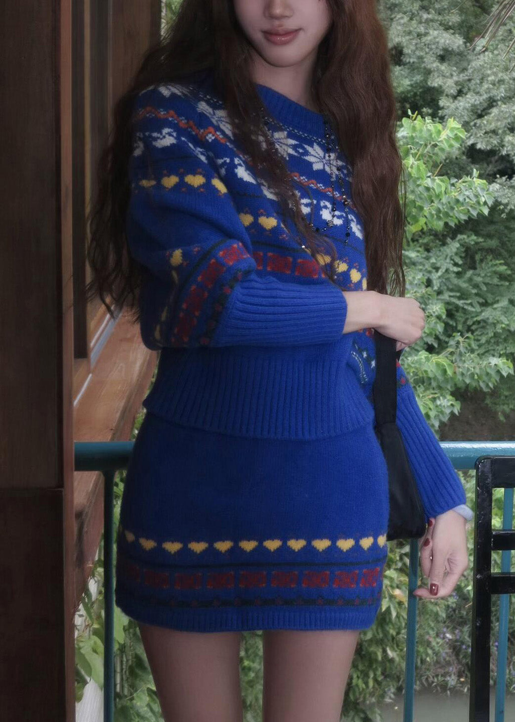 Novelty Blue Slash Neck Print Cotton Knit Sweater and Skirts Two Pieces Set Spring
