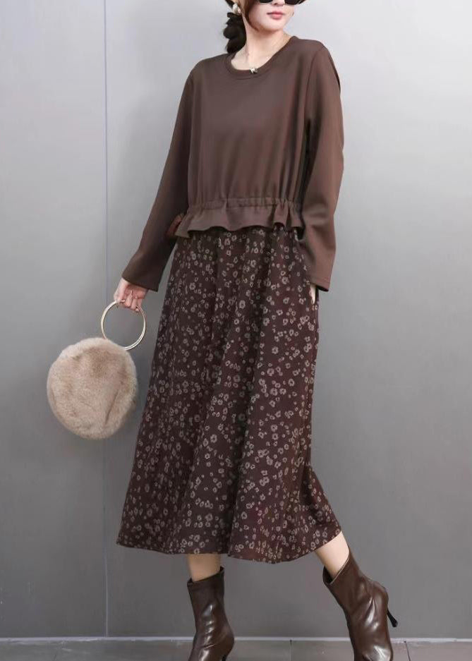 Novelty Coffee O-neck Patchwork Print Fake Two Pieces Long Dress Spring