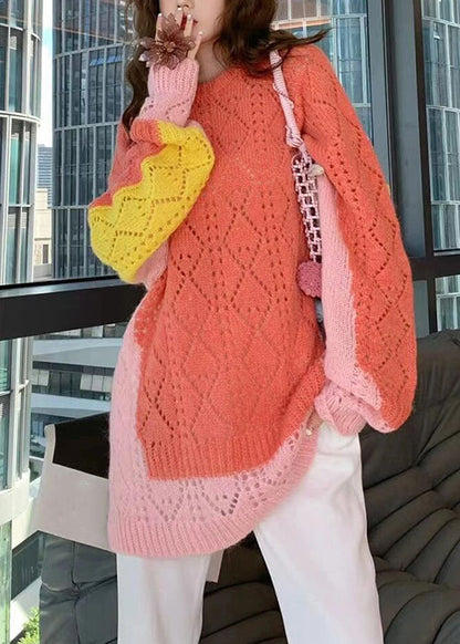 Novelty Colorblock O Neck Hollow Out Cotton Knit Sweaters Fall