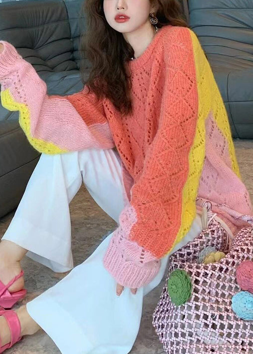 Novelty Colorblock O Neck Hollow Out Cotton Knit Sweaters Fall
