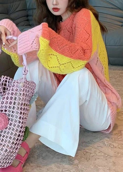 Novelty Colorblock O Neck Hollow Out Cotton Knit Sweaters Fall