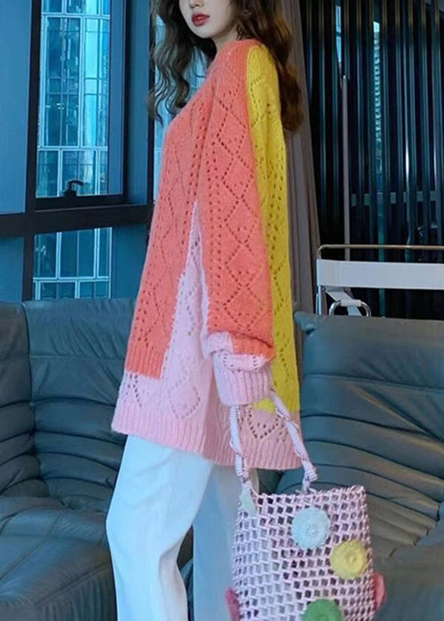 Novelty Colorblock O Neck Hollow Out Cotton Knit Sweaters Fall