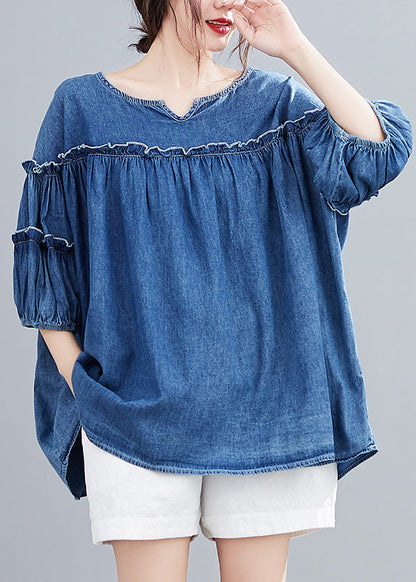 Novelty Denim Blue O-neck Ruffled Patchwork Silk Cotton Top Half Sleeve