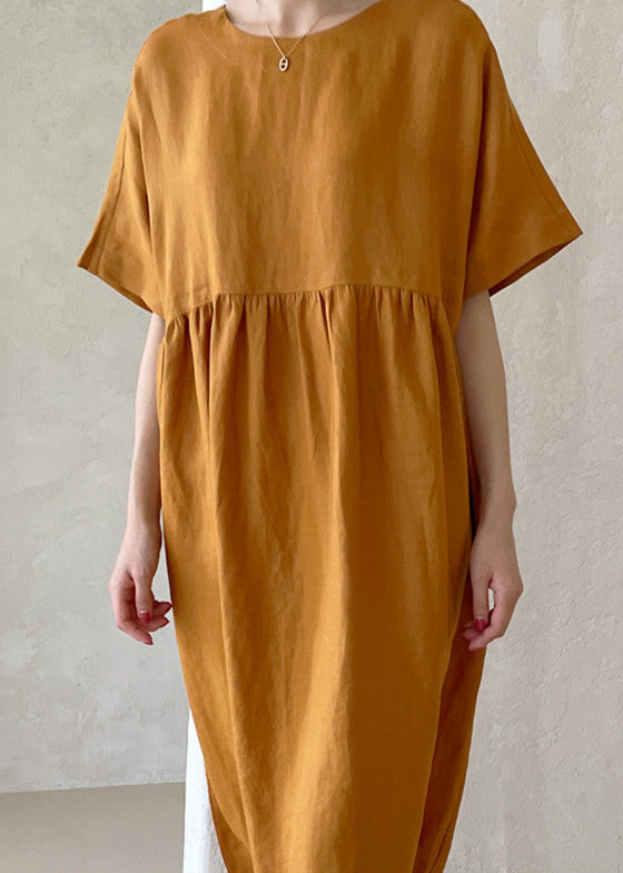 Novelty Ginger O-neck Wrinkled Button Maxi Dresses Short Sleeve