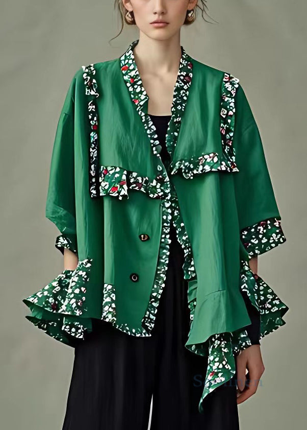Novelty Green Button Print Patchwork Cotton Coats Half Sleeve