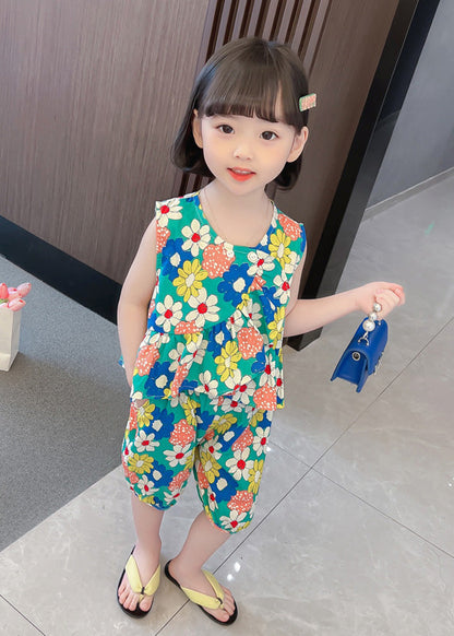 Novelty Green O-neck Print Cotton Vest and Shorts Kids Two Piece Set Summer