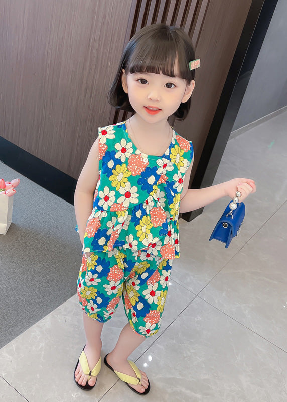 Novelty Green O-neck Print Cotton Vest and Shorts Kids Two Piece Set Summer