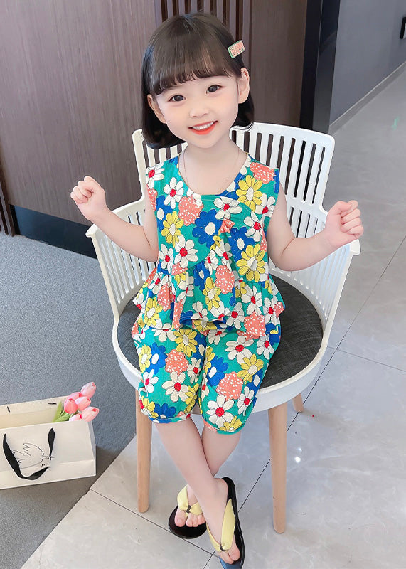 Novelty Green O-neck Print Cotton Vest and Shorts Kids Two Piece Set Summer