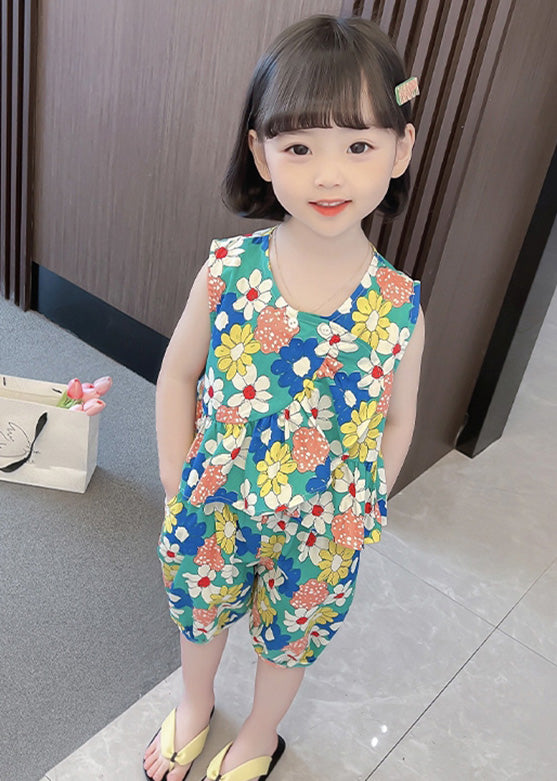 Novelty Green O-neck Print Cotton Vest and Shorts Kids Two Piece Set Summer