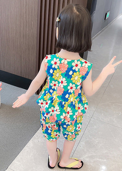Novelty Green O-neck Print Cotton Vest and Shorts Kids Two Piece Set Summer