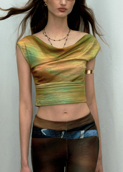 Novelty Green O-neck Print Vest Sleeveless