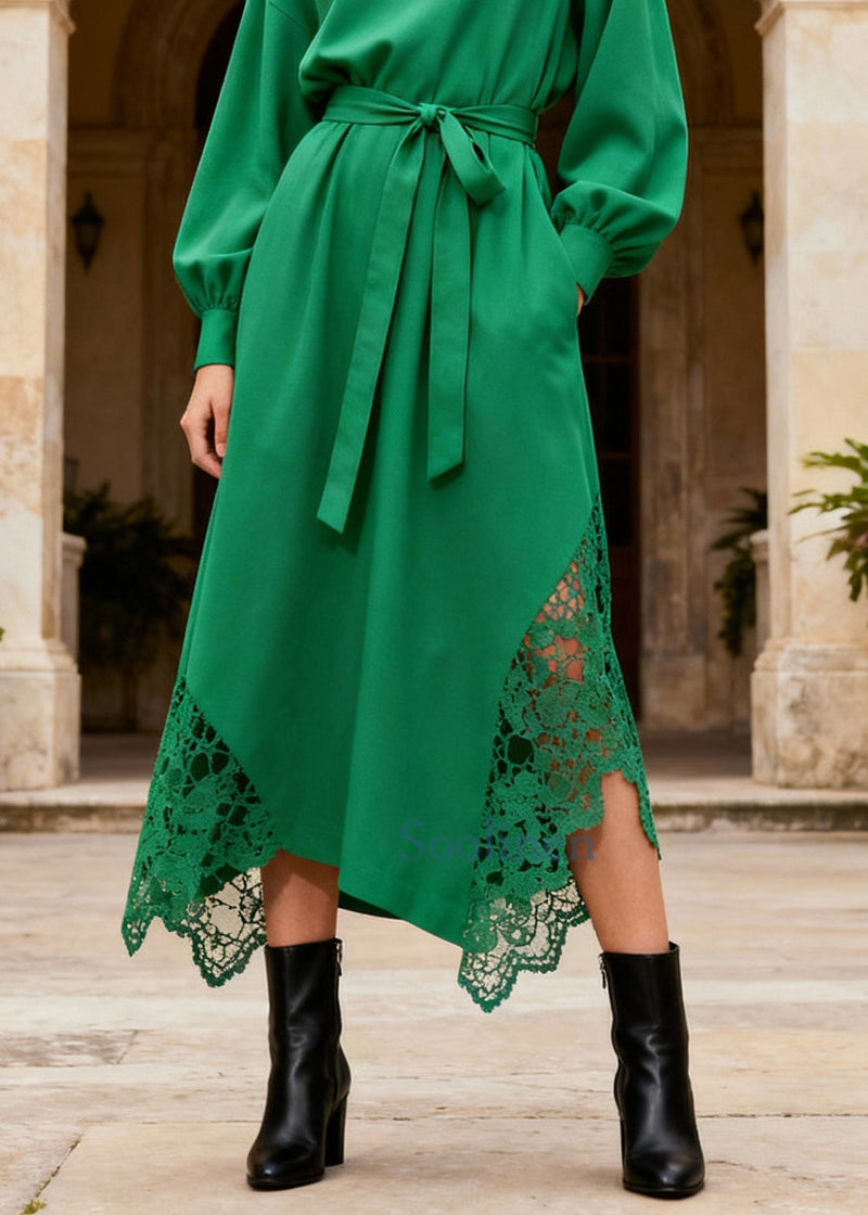 Novelty Green Turtleneck Patchwork Pockets Maxi Dresses Lantern Sleeve