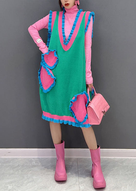 Novelty Green V-neck Patchwork Ruffles Knit Dress Sleeveless