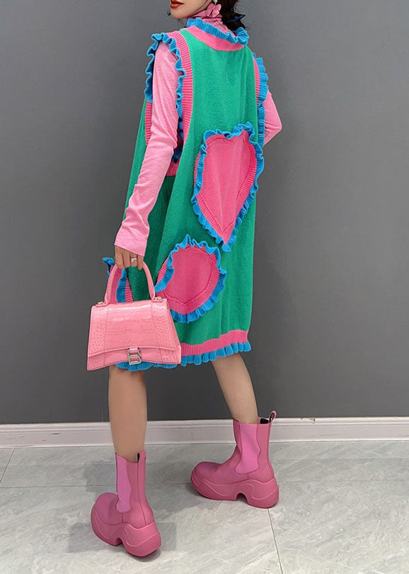 Novelty Green V-neck Patchwork Ruffles Knit Dress Sleeveless