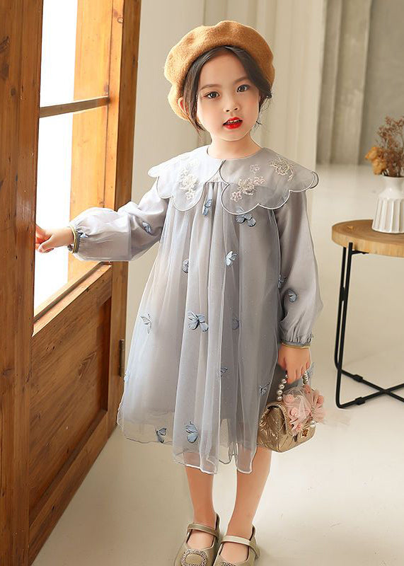Novelty Grey Butterfly Embroideried Tulle Long Dress Long Sleeve