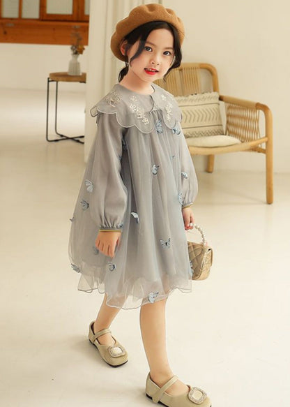 Novelty Grey Butterfly Embroideried Tulle Long Dress Long Sleeve