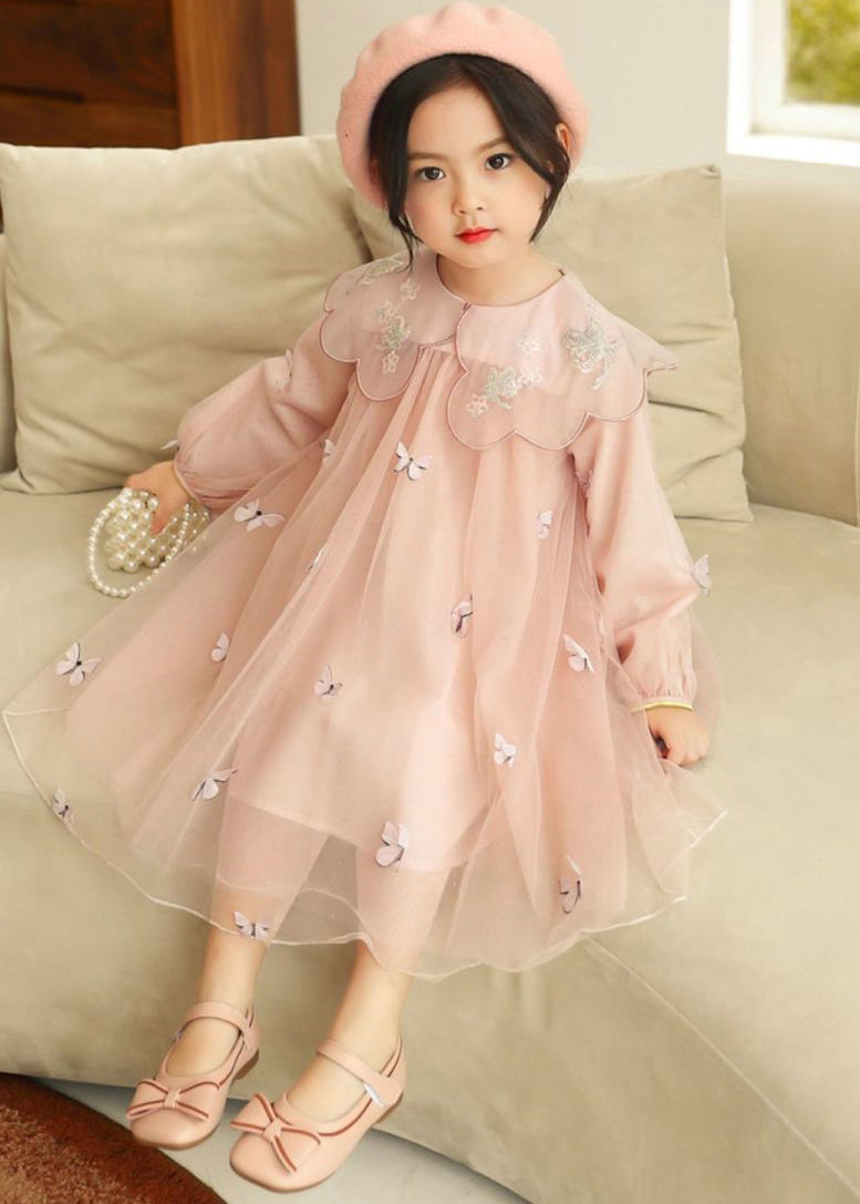 Novelty Grey Butterfly Embroideried Tulle Long Dress Long Sleeve