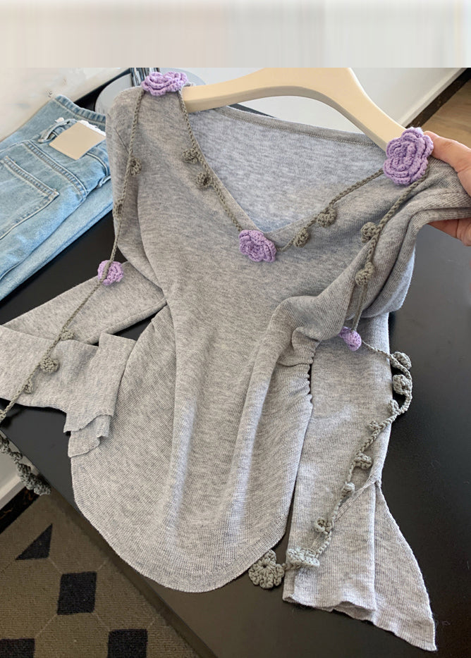 Novelty Grey V Neck Tie Lace Knit Tops Spring