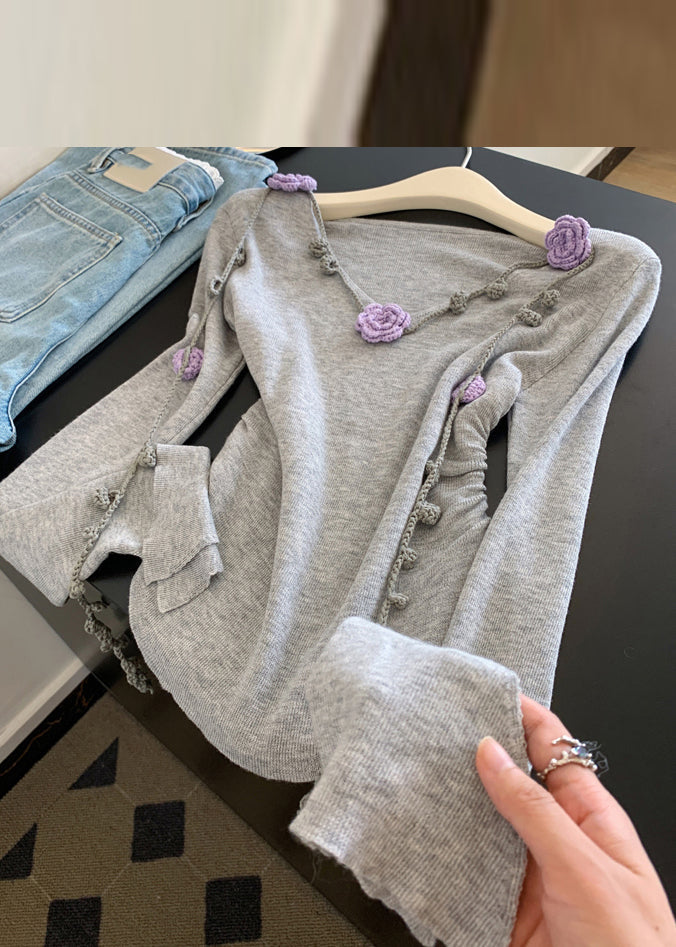 Novelty Grey V Neck Tie Lace Knit Tops Spring