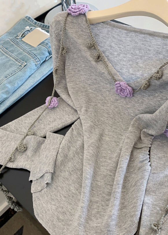 Novelty Grey V Neck Tie Lace Knit Tops Spring