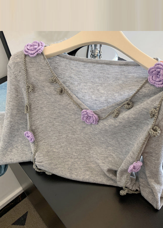 Novelty Grey V Neck Tie Lace Knit Tops Spring