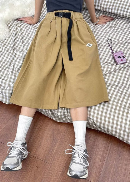 Novelty Khaki Elastic Waist Sashes Wide Leg Pants