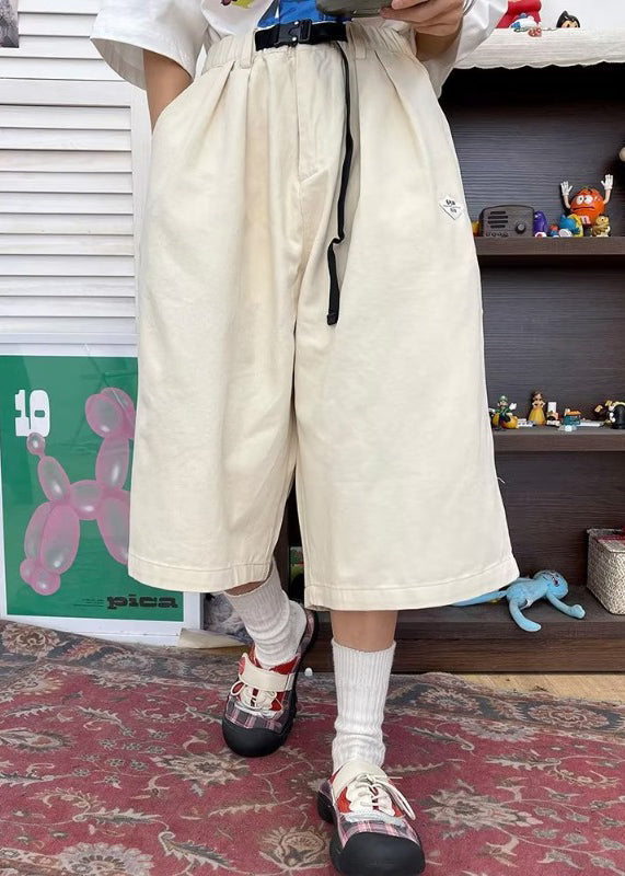 Novelty Khaki Elastic Waist Sashes Wide Leg Pants